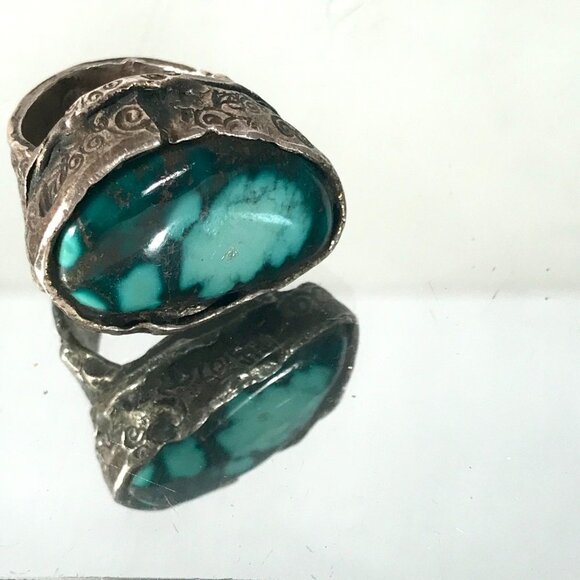 Huge Turquoise Gemstone Sterling Silver Handmade Size 8 Ring Hammered Chunky 925 - Picture 10 of 11